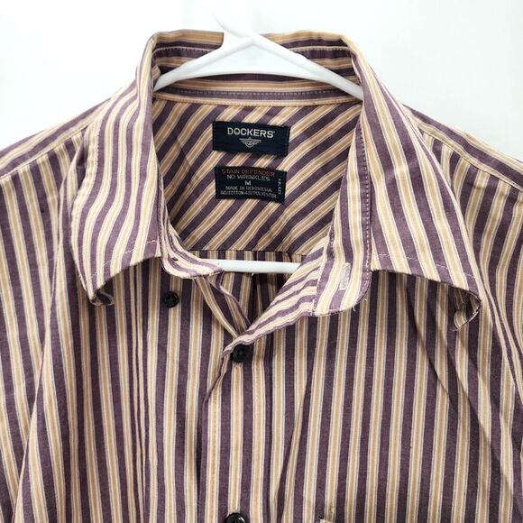 Dockers Button Up Long Sleeve Stripe Purple Cream Casual Shirt Medium - Picture 3 of 5